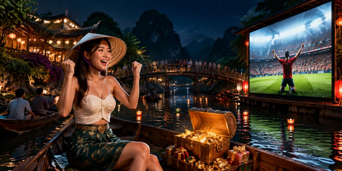 Người dùng tại Ninh Bình xem kết quả cá cược thể thao trên điện thoại giữa khung cảnh thiên nhiên